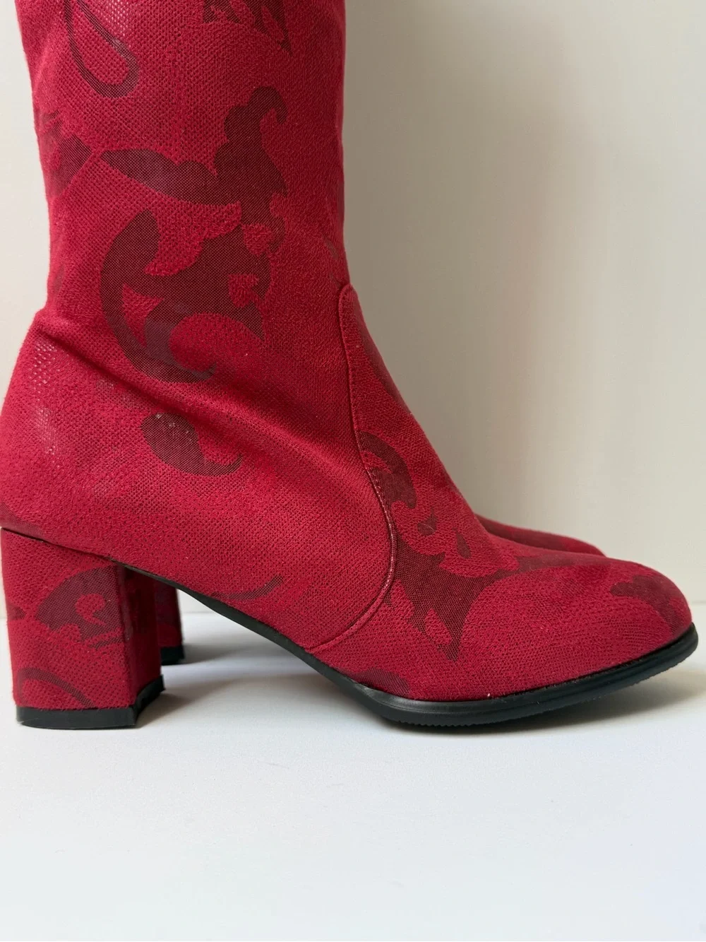 Women US 9 EU 39 Red Leather Knee High Riding Boots Floral Round Toe Zip